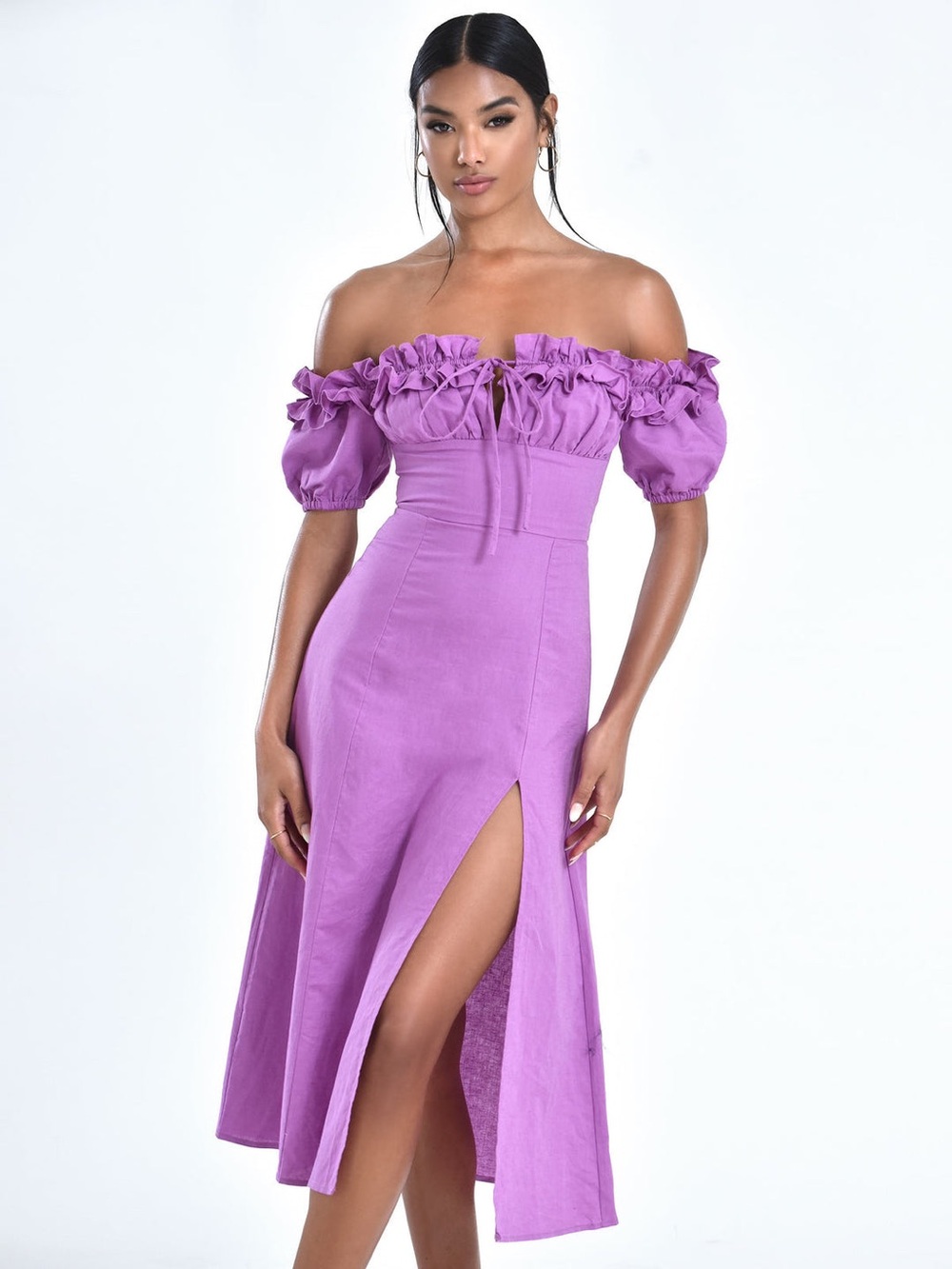 Miss Circle Quinely Lilac Off Shoulder Linen Midi Dress Small NWT